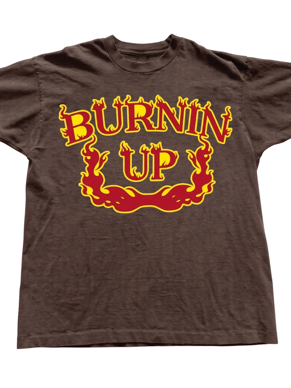 Gildan Brown Tee with Red and Yellow 'Burnin Up' Graphic
